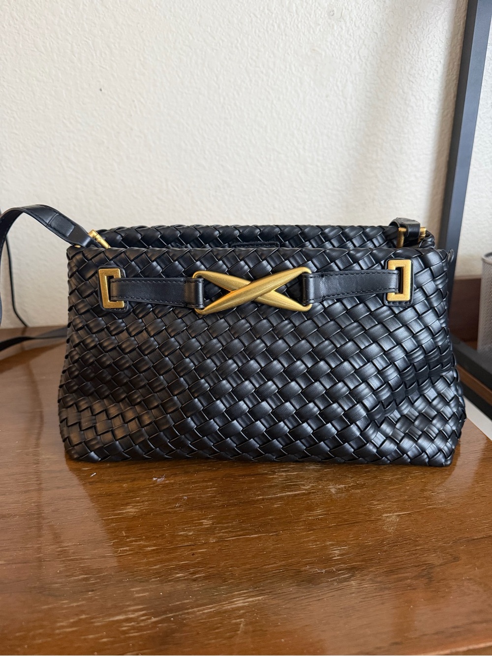 Jw pei  .Black Woven Leather Shoulder Bag with Gold Accent